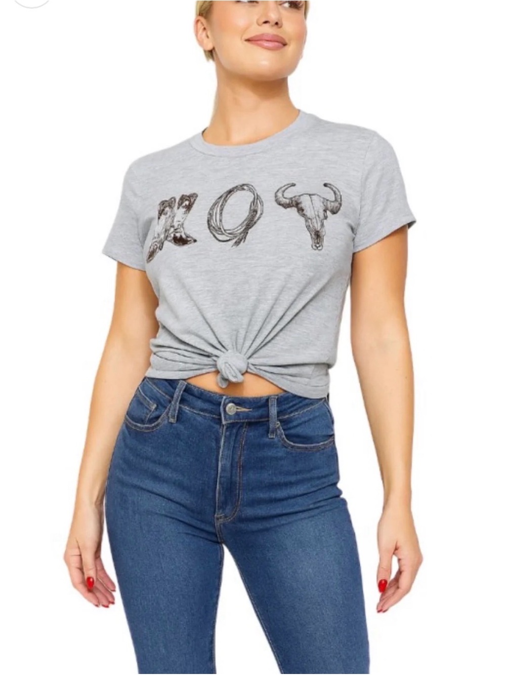 Grey Graphic Knot-Front Women’s Tee western cowgirl